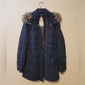 Abercrombie & Fitch Dark Blue Puffer Jacket with Faux Fur Hood